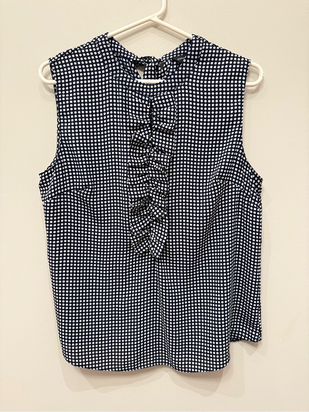 Sleeveless Black and White Polka Dot Ruffle Front Top, Size 10